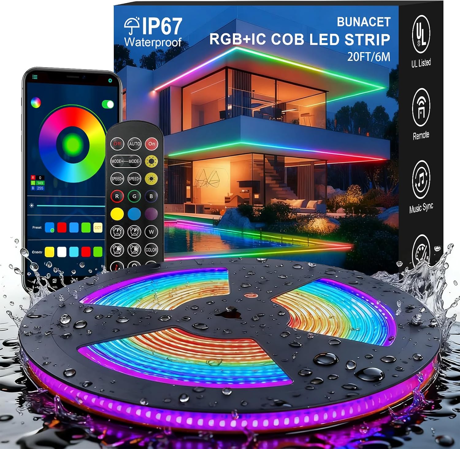 COB RGB+IC LED Strip Lights, IP67 Bright Dream Color COB LED Light